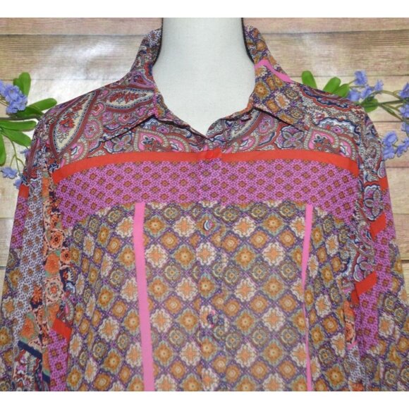 Ee:some Mixed Print Floral Boho Balloon Sleeve Button Front Blouse Size M - Picture 2 of 11